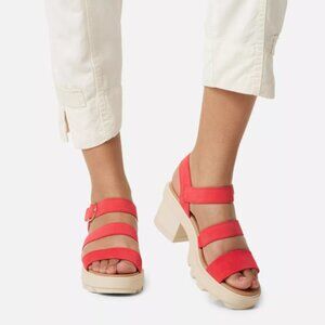 Sorel JOANIE Heel Ankle Strap Women's Sandal color Red Glo, Honey White